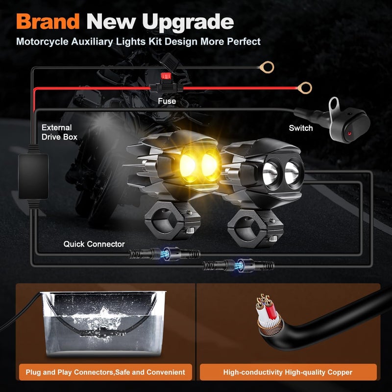 LEDMIRCY Motorcycle Driving Lights Kit, LED Luces Exploradoras Para Moto with Switch Wiring Harness Auxiliary Spot Light 6Modes White/Amber Strobe Offroad Fog Light with Memory Function IP68 Waterproof - Image 5